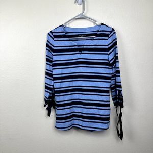 Talbots Women's XS Petite Blue Striped Tie Sleeve Top 100% Pima Cotton